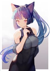 Rule 34 | 1girl, alternate costume, alternate eye color, alternate hair color, alternate hairstyle, animal ears, bare shoulders, black dress, blue hair, blunt bangs, border, breasts, commentary, cowboy shot, dress, gradient background, grey background, hand up, highres, imaizumi kagerou, large breasts, long hair, looking at viewer, multicolored hair, onion (onion and pi-natto), outside border, pink eyes, ponytail, purple hair, short sleeves, smile, solo, standing, touhou, very long hair, white background, white border, wolf ears