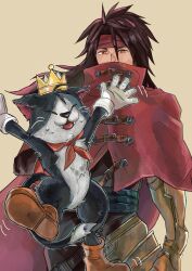 Rule 34 | 1boy, absurdres, armor, black fur, black hair, black pants, boots, brown background, brown footwear, cait sith (final fantasy), cape, cat, clawed gauntlets, cloak, closed eyes, covered mouth, crown, fangs, final fantasy, final fantasy vii, final fantasy vii rebirth, final fantasy vii remake, gloves, gold armor, hair between eyes, headband, highres, long hair, looking at another, male focus, mini crown, nomoss06, open mouth, outstretched arms, pants, red cape, red cloak, red eyes, red headband, spiked hair, sweatdrop, tuxedo jacket, two-tone fur, upper body, vincent valentine, white fur, white gloves