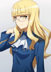 Rule 34 | 1girl, blonde hair, glasses, long hair, military, military uniform, perrine h. clostermann, simple background, solo, strike witches, uniform, world witches series, yellow eyes, zimu