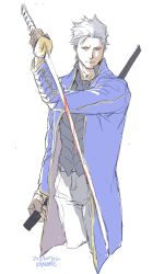 1boy amatuki arm_up black_shirt blue_coat blue_eyes coat collared_shirt commentary cropped_legs dated devil_may_cry devil_may_cry_(series) devil_may_cry_3 english_commentary hair_slicked_back highres holding holding_sword holding_weapon katana long_sleeves male_focus pants popped_collar scabbard sheath shirt short_hair simple_background solo sword vergil_(devil_may_cry) weapon white_background white_hair white_pants yamato_(sword) yellow_trim