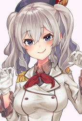 Rule 34 | 1girl, blue eyes, breasts, epaulettes, frilled sleeves, frills, gloves, highres, jacket, kamidanomi, kantai collection, kashima (kancolle), kerchief, large breasts, long sleeves, military, military jacket, military uniform, neckerchief, red neckerchief, silver hair, smile, solo, twintails, uniform, upper body, wavy hair, white gloves, white jacket