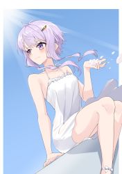 Rule 34 | 1girl, bare arms, bare shoulders, blue sky, blush, breasts, closed mouth, collarbone, commentary request, day, dress, feet out of frame, floating hair, frilled dress, frills, hair ornament, hairclip, hand up, highres, looking away, looking to the side, petals, purple eyes, purple hair, short hair, short hair with long locks, sidelocks, sky, sleeveless, sleeveless dress, small breasts, smile, solo, sunlight, vocaloid, voiceroid, white dress, yuzuki yukari, zooanime