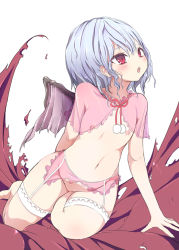 Rule 34 | 1girl, asano shimon, bad id, bad pixiv id, bat wings, blue hair, bottomless, female focus, flat chest, garter belt, lingerie, nipples, red eyes, remilia scarlet, see-through, short hair, solo, touhou, underwear, wings