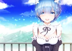 Rule 34 | 1girl, black ribbon, black sleeves, blue eyes, blue hair, blush, breasts, chiutake mina, cleavage, cloud, commentary request, crying, crying with eyes open, day, detached sleeves, dress, flower knot, frills, hair ornament, hair over one eye, hair ribbon, happy tears, highres, juliet sleeves, long sleeves, looking at viewer, maid, maid headdress, medium breasts, mountainous horizon, neck ribbon, open mouth, outdoors, puffy sleeves, re:zero kara hajimeru isekai seikatsu, rem (re:zero), ribbon, roswaal mansion maid uniform, short hair, smile, solo, tears, upper body, x hair ornament