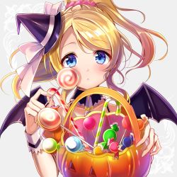 Rule 34 | 10s, 1girl, :o, ayase eli, bad id, bad pixiv id, bat wings, blonde hair, blue eyes, blush, candy, detached collar, eyebrows, food, grey background, halloween, halloween costume, hat, jack-o&#039;-lantern, looking at viewer, love live!, love live! school idol festival, love live! school idol project, mini hat, mini witch hat, ponytail, satoimo chika, short hair, solo, wings, witch hat