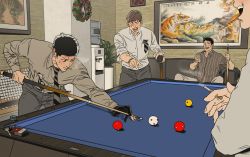Rule 34 | 4boys, absurdres, analog clock, anger vein, ball, billiard ball, black hair, can, car keys, christmas wreath, cigarette, cigarette pack, clock, collared shirt, cue stick, eyewear hang, furrowed brow, grey pants, highres, holding, holding can, holding cigarette, holding cue stick, indoors, killing stalking, koogi, laughing, male focus, mouth hold, multiple boys, necktie, official art, pants, plant, pool table, portrait (object), potted plant, refrigerator, shirt, sitting, smoke, smoking, striped clothes, striped necktie, striped shirt, sweatdrop, table, unworn eyewear, unworn necktie, watch, water cooler, wreath, yang seungbae