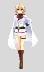 Rule 34 | 1girl, ahoge, arm behind head, belt, belt buckle, blonde hair, boots, breasts, breasts apart, brown footwear, buckle, cape, commentary request, cross-laced footwear, eyes visible through hair, full body, gloves, grey background, hair between eyes, hand on own hip, highres, light smile, long sleeves, looking at viewer, medium breasts, military, military uniform, miniskirt, original, red eyes, short hair, simple background, skirt, solo, standing, thigh strap, tokia (17141031otw), tunic, uniform, white cape, white gloves, white skirt