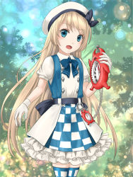 Rule 34 | 1girl, abyssal ship, apron, bad id, bad pixiv id, blonde hair, blue eyes, blue neckwear, checkered apron, checkered clothes, commentary request, compass, cosplay, enemy lifebuoy (kancolle), gloves, hat, jervis (kancolle), kantai collection, looking at viewer, michishio (kancolle), michishio (kancolle) (cosplay), outdoors, sailor hat, solo, thighhighs, two-tone dress, white gloves, white hat, yuki shuuka
