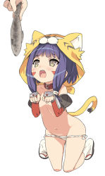 Rule 34 | 1girl, animal ears, animal hat, animal hood, bad id, bad pixiv id, begging, blade (galaxist), blue hair, collar, facial mark, fish, flat chest, full body, fundoshi, gauntlets, hat, hood, japanese clothes, lowleg, maeda inuchiyo, navel, oda nobuna no yabou, open mouth, panties, paw pose, revision, sandals, simple background, solo, tabi, tail, tiger ears, tiger hood, tiger tail, tongue, topless, underwear, white background, white legwear, white panties