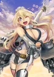 Rule 34 | 10s, 1girl, american flag legwear, asymmetrical legwear, belt, blonde hair, blue eyes, breasts, cannon, cleavage, cloud, elbow gloves, fingerless gloves, front-tie top, garter straps, gloves, headgear, hokuto (hokuto pk), iowa (kancolle), kantai collection, large breasts, long hair, machinery, miniskirt, mismatched legwear, navel, one eye closed, open mouth, pointing, skirt, smile, solo, star-shaped pupils, star (symbol), striped clothes, striped skirt, striped thighhighs, sunset, symbol-shaped pupils, thighhighs, turret, vertical-striped clothes, vertical-striped skirt, vertical-striped thighhighs