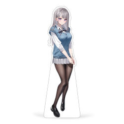 Rule 34 | 1girl, black footwear, black pantyhose, blue sweater, bow, bowtie, breasts, chigusa minori, collar, collared shirt, full body, grey hair, grey skirt, hair ornament, hairclip, large breasts, loafers, long hair, long sleeves, multicolored eyes, pantyhose, parted lips, pleated skirt, saotome shino (shino to ren), school uniform, shino to ren, shirt, shirt under sweater, shoes, simple background, skirt, solo, striped bow, striped bowtie, striped clothes, sweater, white background, white collar, white shirt