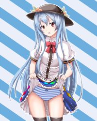 Rule 34 | 1girl, annoyed, black thighhighs, blue hair, blush, clothes lift, collared shirt, food, food on head, fruit, fruit on head, hat, highres, hinanawi tenshi, long hair, object on head, open mouth, panties, peach, puffy short sleeves, puffy sleeves, red eyes, reimei (r758120518), shirt, short sleeves, skirt, skirt lift, solo, striped clothes, striped panties, thighhighs, touhou, underwear, upskirt, very long hair