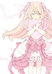 Rule 34 | 1girl, blonde hair, bloomers, blush, chaos marie (grimms notes), dress, flower, frills, grimms notes, hair ribbon, heart, heart-shaped pillow, heart-shaped pupils, highres, holding, holding pillow, hugging object, long hair, looking at viewer, pillow, pillow hug, pink eyes, ribbon, rose, smile, standing, symbol-shaped pupils, underwear, yotuma musi