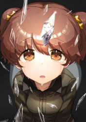Rule 34 | 2girls, absurdres, alisa (girls und panzer), broken glass, brown eyes, brown hair, collarbone, crying, crying with eyes open, freckles, from above, girls und panzer, glass, hair ornament, highres, looking up, multiple girls, naomi (girls und panzer), open mouth, oshiri seijin, reflection, sad, saunders military uniform, saunders school uniform, school uniform, short hair, short twintails, star (symbol), star hair ornament, tears, twintails