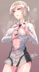 10s 1girl abs alternate_eye_color blonde_hair blush breasts dated graf_zeppelin_(kancolle) hair_between_eyes highres kantai_collection large_breasts lips long_hair long_sleeves necktie ninomiya_hitomi no_gloves no_pants purple_eyes signature solo steam sweat twintails undressing zipper