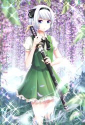 Rule 34 | black bow, black hairband, black ribbon, blue eyes, blunt bangs, blurry, bow, buttons, collared shirt, depth of field, expressionless, flower, frilled skirt, frills, gakuon (gakuto), ghost, glint, grass, green skirt, green vest, hair ribbon, hairband, hanging plant, hitodama, holding, holding sword, holding weapon, konpaku youmu, konpaku youmu (ghost), legs together, looking at viewer, outdoors, petals, puffy short sleeves, puffy sleeves, ribbon, scabbard, sheath, sheathed, shirt, short hair, short sleeves, silver hair, skirt, skirt set, solo, sparkle, sword, tassel, touhou, vest, wakizashi, weapon, white shirt, wisteria