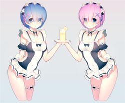 Rule 34 | 10s, 2girls, :d, adapted costume, alternate eye color, arm behind back, bad id, bad pixiv id, bare arms, black bow, black ribbon, blue eyes, blue hair, blush, bow, breasts, bridal garter, choker, cleavage, clothing cutout, cropped legs, cup, detached sleeves, drinking glass, eyebrows, eyes visible through hair, food, frills, fruit, gradient background, grey background, hair ornament, hair over one eye, hairband, highres, leaning forward, lemon, lemon slice, lemonade, looking at viewer, maid, maid one-piece swimsuit, medium breasts, multiple girls, one-piece swimsuit, open mouth, pink hair, pink ribbon, plate, puffy sleeves, purple ribbon, qiongsheng, ram (re:zero), re:zero kara hajimeru isekai seikatsu, rem (re:zero), ribbon, saucer, short hair, short sleeves, siblings, side cutout, simple background, sisters, skin tight, smile, swimsuit, thigh strap, twins, unconventional maid, x hair ornament
