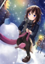 Rule 34 | 1girl, ahoge, alternate costume, black coat, blurry, braid, brown footwear, brown skirt, closed mouth, coat, depth of field, duffel coat, fir tree, fringe trim, full body, grey scarf, hair over shoulder, highres, holding, ichinose kizuki, kantai collection, lamppost, loafers, long hair, long sleeves, looking at viewer, night, night sky, outdoors, pantyhose, pink scarf, plaid, plaid scarf, scarf, shigure (kancolle), shigure kai ni (kancolle), shoes, single braid, skirt, sky, smile, snow, snow on head, snowing, snowman, solo, squatting, tareme, tree, winter, winter clothes, winter coat