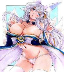 Rule 34 | 1girl, animal ear fluff, animal ears, azur lane, bare shoulders, blue collar, blue eyes, blue kimono, breasts, cleavage, collar, fox ears, fox girl, fox tail, hands up, izumontan, japanese clothes, kimono, kitsune, kyuubi, large breasts, long hair, marker (medium), multiple tails, no pants, off shoulder, panties, shinano (azur lane), string panties, tail, thighhighs, traditional media, underwear, white hair, white tail, white thighhighs