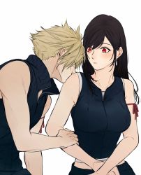 Rule 34 | 1boy, 1girl, arm grab, arm ribbon, bare arms, bare shoulders, black pants, blonde hair, blush, breasts, closed eyes, closed mouth, cloud strife, collarbone, commentary, commentary request, couple, earrings, final fantasy, final fantasy vii, hetero, highres, jewelry, kiss, kissing shoulder, large breasts, long hair, looking at another, maiii (smaii i), midriff peek, pants, red eyes, red ribbon, ribbon, short hair, sleeveless, square enix, swept bangs, symbol-only commentary, tifa lockhart, upper body, white background