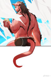 Rule 34 | 1boy, arm hair, ass, bad id, bad weibo id, bara, beard, black male underwear, body fur, boxer briefs, bulge, clothing cutout, colored skin, cup, dragon boy, dragon horns, dragon tail, eyebrow cut, facial hair, feet out of frame, highres, holding, holding cup, horns, large pectorals, long hair, looking at viewer, male focus, male underwear, mature male, monster boy, muscular, muscular male, navel, navel hair, original, pectorals, pointy ears, red skin, sanbei (7244333616), smirk, solo, suggestive fluid, tail, tail through clothes, thick thighs, thighs, topless male, underwear, underwear only