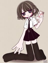 Rule 34 | 1girl, black skirt, blush, cellphone, funamusea (artist), grey eyes, hand gesture, holding, holding phone, light brown hair, looking at viewer, necktie, original, phone, shirt, simple background, skirt, smartphone, solo, thighhighs, unfinished, white shirt