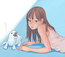 Rule 34 | 1girl, blue eyes, brown hair, creature, flash tomo, lying, on stomach, open mouth, solo, tank top, teeth, upper body