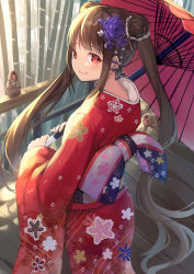 Rule 34 | 1girl, alexmaster, animal, brown hair, closed mouth, earrings, female focus, flower, hair flower, hair ornament, highres, japanese clothes, jewelry, kimono, long hair, long sleeves, looking at viewer, monkey, oil-paper umbrella, original, red eyes, red kimono, smile, solo, traditional clothes, twintails, umbrella, yukata