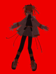 Rule 34 | 1girl, a.i. voice, absurdres, adachi rei, backlighting, belt, belt pouch, black leggings, bleeding from forehead, blood, blood on face, cable, commentary, crazy smile, floating hair, full body, gloves, grey shorts, hair over one eye, hair ribbon, half-closed eyes, headlamp, headphones, highres, jacket, leggings, long sleeves, medium hair, one side up, open hands, open mouth, orange belt, orange hair, outstretched arms, overskirt, pouch, radio antenna, red background, ribbon, shoes, shorts, simple background, smile, sneakers, solo, spread arms, tatsu (soto), utau, white gloves, white jacket, white ribbon