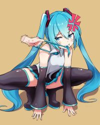 Rule 34 | 1girl, anger vein, aqua eyes, aqua hair, aqua necktie, bare shoulders, black skirt, black sleeves, black thighhighs, boots, brown background, clenched teeth, commentary, detached sleeves, disembodied limb, grey shirt, hair ornament, hatsune miku, high heels, komashiro n, long hair, meme, miniskirt, mouth hold, necktie, necktie in mouth, panties, pantyshot, pleated skirt, pulling, raised eyebrow, shirt, sideways glance, skirt, sleeveless, sleeveless shirt, solo, squatting, striped clothes, striped panties, teeth, thigh boots, thighhighs, trembling, twintails, underwear, very long hair, vocaloid