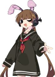 Rule 34 | 1girl, ;d, animal ears, black dress, black sailor collar, blush, brown hair, dress, eyebrows hidden by hair, fake animal ears, headphones, headset, karei, long hair, long sleeves, looking at viewer, low twintails, neckerchief, one eye closed, open mouth, puffy long sleeves, puffy sleeves, rabbit ears, red neckerchief, sailor collar, sailor dress, simple background, sleeves past wrists, smile, solo, tsukuyomi ai, twintails, very long hair, voiceroid, white background