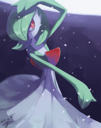 Rule 34 | blurry, bright pupils, closed mouth, colored skin, commentary request, creatures (company), dated, game freak, gardevoir, gen 3 pokemon, nintendo, pokemon, pokemon (creature), red eyes, signature, snowing, solo, white skin, yu ikedon