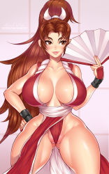 Rule 34 | 1girl, ange1witch, bare shoulders, breasts, collarbone, commentary, fatal fury, folding fan, hand fan, high ponytail, highres, holding, holding fan, japanese clothes, large breasts, lips, long hair, looking away, ninja, open fan, parted bangs, pelvic curtain, ponytail, revealing clothes, rope, shiny skin, shiranui mai, simple background, smile, snk, solo, the king of fighters, thick thighs, thighs