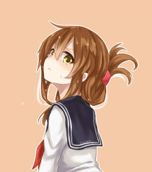 Rule 34 | 10s, 1girl, azuuru (azure0608), bad id, bad pixiv id, brown eyes, brown hair, crying, crying with eyes open, folded ponytail, from behind, hair ornament, hairclip, inazuma (kancolle), kantai collection, long hair, looking back, ponytail, school uniform, serafuku, simple background, solo, tears, twitter username
