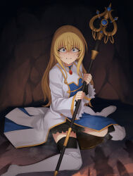 Rule 34 | 1girl, blonde hair, blue eyes, cave, clenched teeth, constricted pupils, crying, crying with eyes open, dot nose, female focus, goblin, goblin slayer!, highres, imminent rape, jjanda, long hair, looking at viewer, peeing, peeing self, priestess (goblin slayer!), sitting, solo, tagme, tears, teeth, wariza