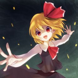 Rule 34 | &gt;:), 1girl, :d, bad id, bad pixiv id, blonde hair, embodiment of scarlet devil, fangs, female focus, hair ribbon, md5 mismatch, nunucco, open mouth, outstretched arms, outstretched hand, red eyes, ribbon, rumia, short hair, slit pupils, smile, solo, spread arms, touhou, v-shaped eyebrows