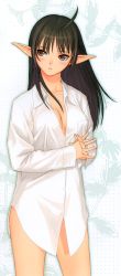 Rule 34 | 1girl, absurdres, ahoge, black hair, breasts, brown eyes, cleavage, dress shirt, elf, own hands clasped, highres, long hair, long image, naked shirt, no bra, no panties, own hands together, pointy ears, sega, shining (series), shining wind, shirt, solo, tall image, third-party edit, tony taka, xecty ein
