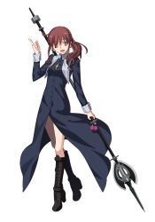 Rule 34 | 1girl, black footwear, boots, brown eyes, brown hair, clothing request, cross, cross-laced footwear, cross necklace, full body, habit, hair between eyes, highres, jewelry, knee boots, lace-up boots, long sleeves, looking at viewer, melty blood, melty blood: type lumina, necklace, noel (tsukihime), official art, one eye closed, open mouth, polearm, smile, solo, takeuchi takashi, tsukihime, tsukihime (remake), weapon, weapon request, white background, wrist cuffs