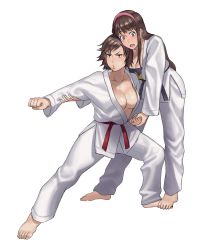 Rule 34 | 2girls, barefoot, belt, black belt, black sports bra, breasts, brown hair, cleavage, clenched hands, commentary, commission, crossover, dead or alive, dougi, english commentary, fighting stance, full body, hanny (uirusu chan), highres, hitomi (doa), karate, karate gi, kazama asuka, large breasts, martial arts belt, multiple girls, namco, no bra, pink hair, red belt, sports bra, sweat, tecmo, tekken, toes