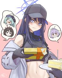 Rule 34 | 4girls, 52 (foqxj0412), absurdres, arius squad (blue archive), armband, atsuko&#039;s grin (meme), atsuko (blue archive), bare shoulders, baseball cap, birthday cake, black gloves, black hair, black headwear, black pants, black shirt, blue archive, blue eyes, blue hair, blush, box, breasts, brown hair, cabbie hat, cake, cake slice, card, chest harness, closed eyes, closed mouth, coat, commentary, cowboy shot, crop top, crying, eyes visible through hair, food, gift, gift box, gloves, green hair, grin, hair ornament, hair over one eye, hairclip, halo, harness, hat, highres, hiyori (blue archive), holding, holding card, holding gift, hood, hood up, hooded jacket, jacket, korean commentary, long hair, looking at viewer, medium breasts, meme, midriff, misaki (blue archive), multicolored hair, multiple girls, navel, no mask, off shoulder, open mouth, pants, purple hair, red eyes, saori (blue archive), shirt, short hair, side ponytail, sidelocks, signature, sleeveless, sleeveless shirt, smile, solo focus, spoken character, standing, teeth, two-tone hair, underbust, white coat