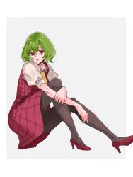 Rule 34 | 1girl, ascot, bad id, bad twitter id, green hair, grey background, high heels, invisible chair, kazami yuuka, knees up, pantyhose, plaid, plaid skirt, plaid vest, red eyes, red footwear, red skirt, red vest, shirt, shoes, short hair, sitting, skirt, solo, tohoyuukarin, touhou, vest, yellow ascot
