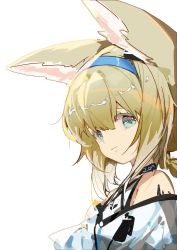 Rule 34 | 1girl, animal ear fluff, animal ears, arknights, bare shoulders, blonde hair, blue eyes, blue hairband, closed mouth, commentary, english commentary, eyebrows hidden by hair, fox ears, hair between eyes, hairband, indai (3330425), looking at viewer, shirt, simple background, solo, suzuran (arknights), white background, white shirt