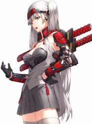 Rule 34 | 1girl, armor, bare shoulders, black gloves, breasts, cleavage, gloves, grey skirt, hand on own hip, headgear, kfr, long hair, looking at viewer, open mouth, original, science fiction, silver hair, simple background, skirt, solo, sword, thighhighs, two side up, weapon, white background, yellow eyes
