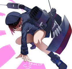 Rule 34 | 1girl, adapted turret, anchor, blush, brown eyes, brown hair, cannon, clothes writing, dated, dress, gegeron, hat, highres, kantai collection, long sleeves, machinery, peaked cap, rigging, sailor collar, sailor dress, sailor hat, short hair, signature, smokestack, solo, torpedo, torpedo launcher, torpedo tubes, turret, white background, z3 max schultz (kancolle)