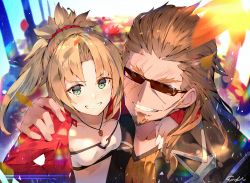 Rule 34 | 1boy, 1girl, artist name, bandeau, blazer, blonde hair, blurry, bokeh, breasts, brown hair, collarbone, dappled sunlight, depth of field, enj!, facial hair, fate/apocrypha, fate (series), glint, goatee, grin, highres, jacket, leaf, lens flare, long hair, looking at viewer, maple leaf, mordred (fate), mordred (fate/apocrypha), mordred (memories at trifas) (fate), open clothes, open jacket, ponytail, shishigou kairi, sidelocks, small breasts, smile, sunglasses, sunlight, teeth, v-neck
