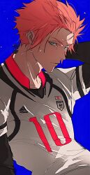 Rule 34 | 1boy, absurdres, black gloves, blue background, blue lock, bo toike57, closed mouth, gloves, green eyes, hand on own neck, highres, itoshi sae, looking at viewer, male focus, pink hair, serious, shirt, sidelocks, soccer uniform, solo, sportswear, sweat, sweatdrop, upper body, white shirt