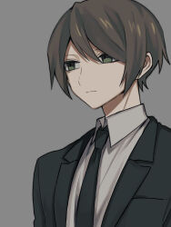 Rule 34 | 1boy, brown hair, collared shirt, expressionless, formal, green eyes, grey background, highres, jacket, looking to the side, maco22, male focus, necktie, original, shirt, short hair, solo, suit, upper body