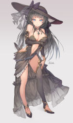 Rule 34 | 1girl, belt, black dress, black footwear, black gloves, black hair, black hat, black skirt, black thighhighs, blue belt, blue eyes, blunt bangs, bow, bracelet, breast hold, breasts, center opening, character name, cleavage, covered erect nipples, detached collar, detached sleeves, dress, fingernails, frilled skirt, frills, full body, gem, gloves, gradient background, hand on lap, hat, hat bow, high heels, jewelry, large breasts, leg belt, long fingernails, long hair, looking at viewer, midriff, navel, necklace, original, parted lips, pink lips, purple bow, samu (a117216), shoes, showgirl skirt, single glove, single thighhigh, skirt, smile, solo, standing, strapless, strapless dress, teeth, thighhighs