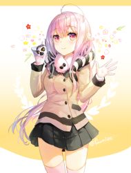 Rule 34 | 1girl, ahoge, animal request, black skirt, blush, closed mouth, cowboy shot, fuumi (radial engine), hair between eyes, hand up, hands up, jacket, long hair, looking at viewer, original, pink eyes, pink hair, pleated skirt, skirt, smile, solo, thighhighs, twitter username, white thighhighs, zettai ryouiki