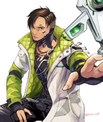 Rule 34 | 1boy, apex legends, asian, black gloves, black pants, black shirt, brown eyes, brown hair, crypto (apex legends), cyborg, drone, gloves, green sleeves, hack (apex legends), hand on own thigh, jacket, jewelry, looking up, male focus, muraicchi (momocchi), necklace, open hand, pants, partially fingerless gloves, science fiction, shirt, sitting, solo, undercut, white jacket